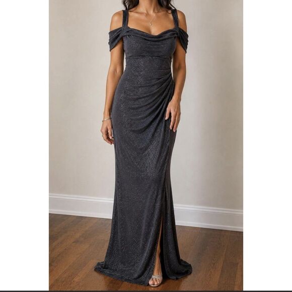 Alex Evenings Dresses & Skirts - Alex Evenings Gray Glitter Draped Cowl Neck Sleeveless Long Gown Size 16